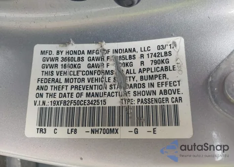 2012 Honda Civic Lx z USA, uszkodzony, nr VIN 19XFB2F50CE342515